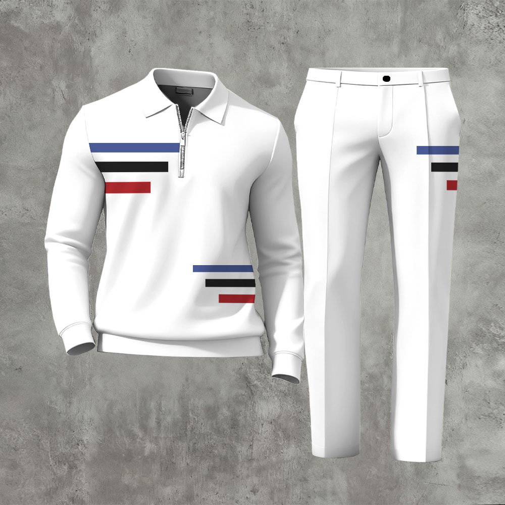 Men's Casual Color Matching Printed Polo-Collar Zipper Long Sleeved Trousers Two-Piece Set 1222