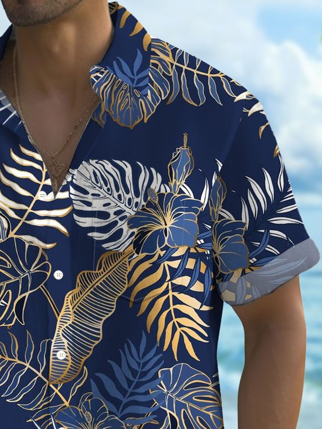 FIP  Hawaiian Plant Golden Leaves 3D Print Men's Button Pocket Short Sleeve Shirt