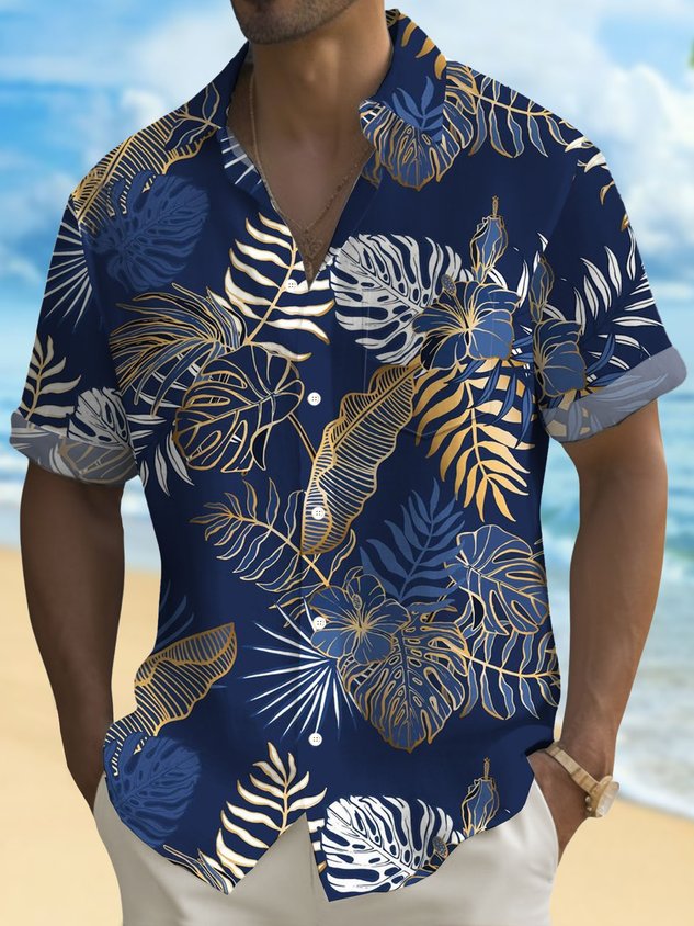 FIP  Hawaiian Plant Golden Leaves 3D Print Men's Button Pocket Short Sleeve Shirt