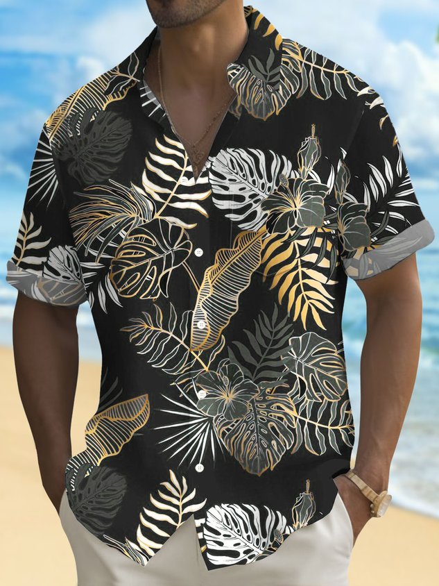 FIP  Hawaiian Plant Golden Leaves 3D Print Men's Button Pocket Short Sleeve Shirt