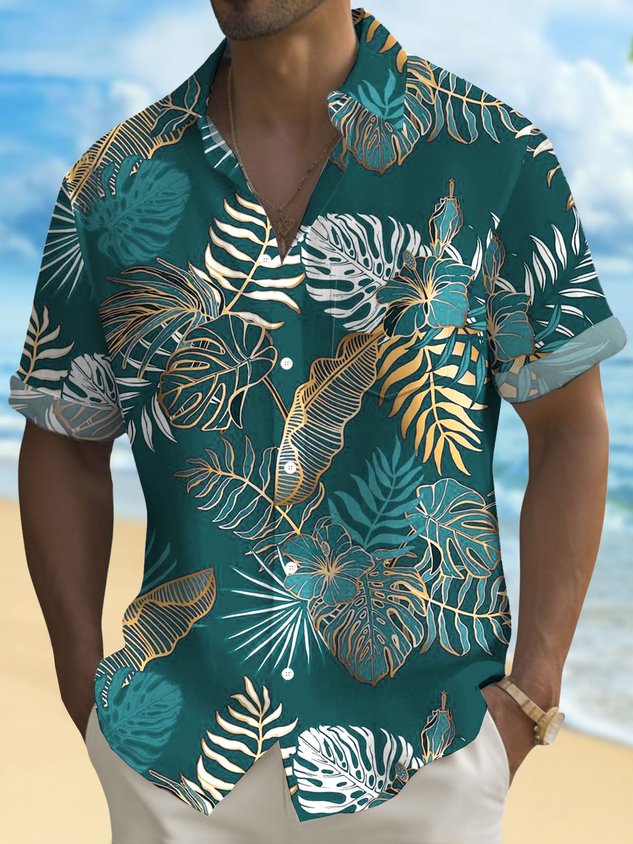 FIP  Hawaiian Plant Golden Leaves 3D Print Men's Button Pocket Short Sleeve Shirt