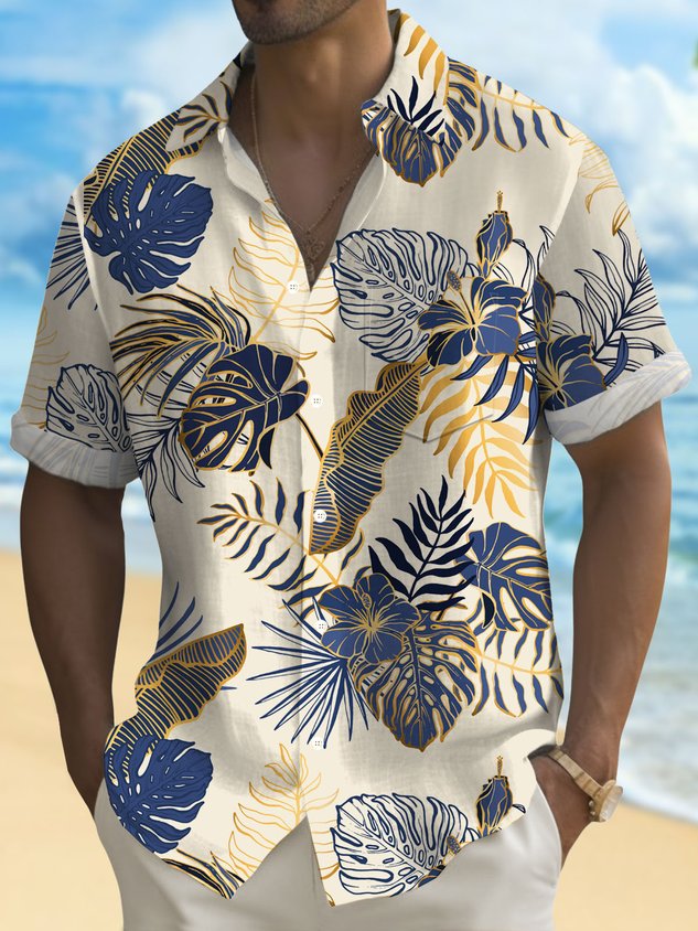 FIP  Hawaiian Plant Golden Leaves 3D Print Men's Button Pocket Short Sleeve Shirt