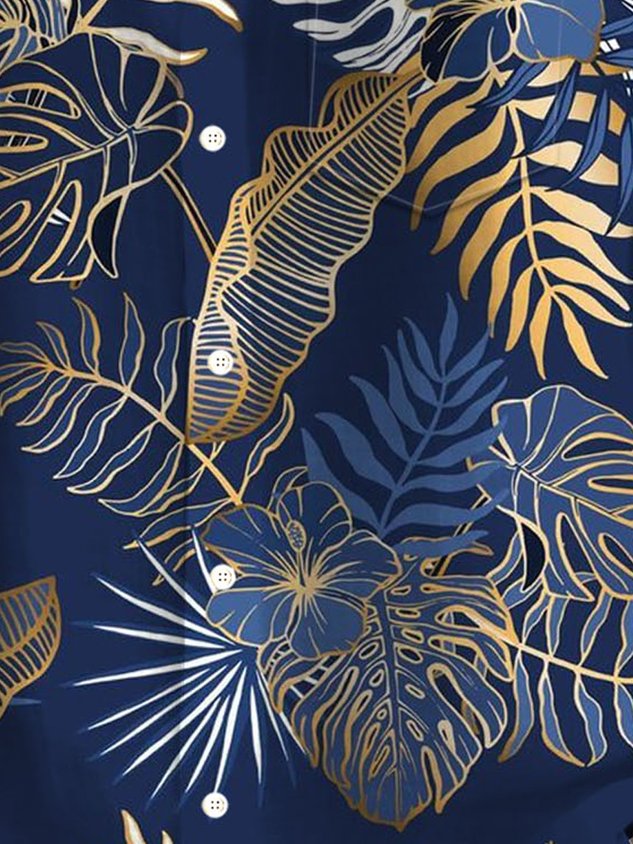 FIP  Hawaiian Plant Golden Leaves 3D Print Men's Button Pocket Short Sleeve Shirt