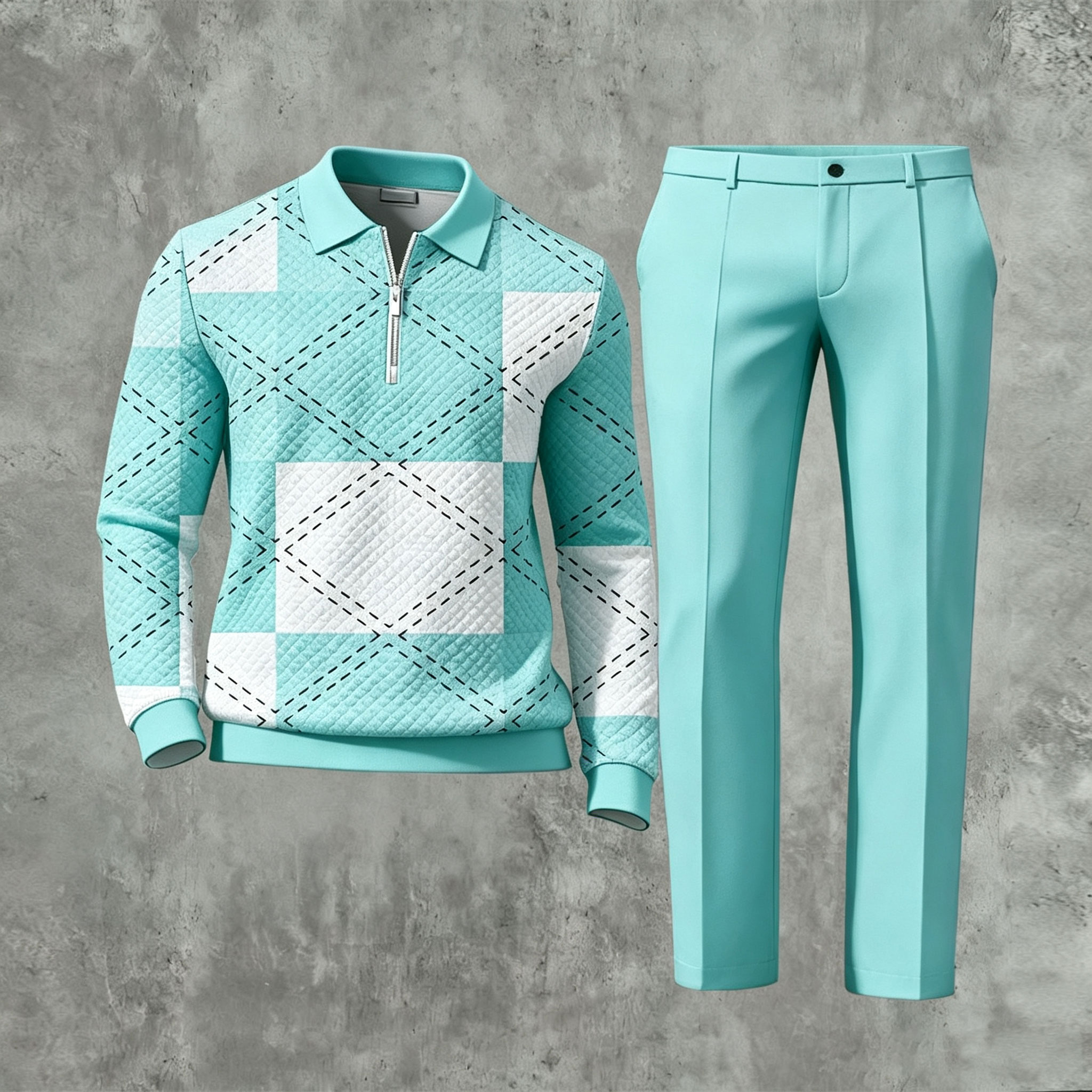 Men's Casual Color Matching Printed Polo-Collar Zipper Long Sleeved Trousers Two-Piece Set 1103