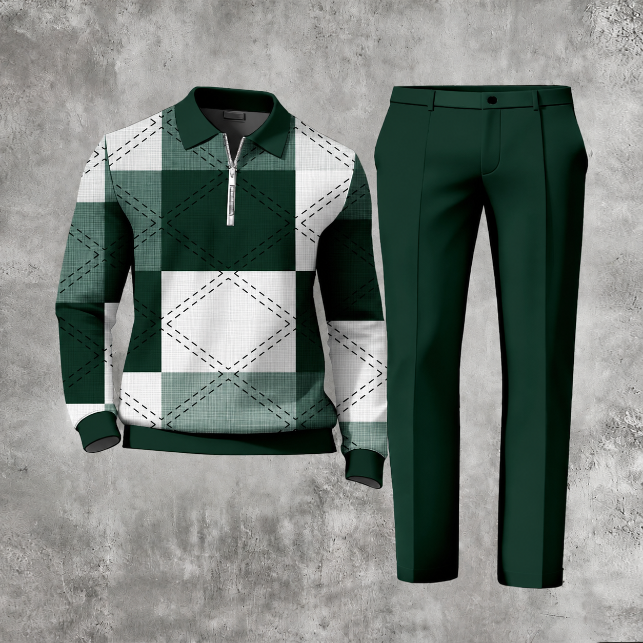 Men's Casual Color Matching Printed Polo-Collar Zipper Long Sleeved Trousers Two-Piece Set 1103