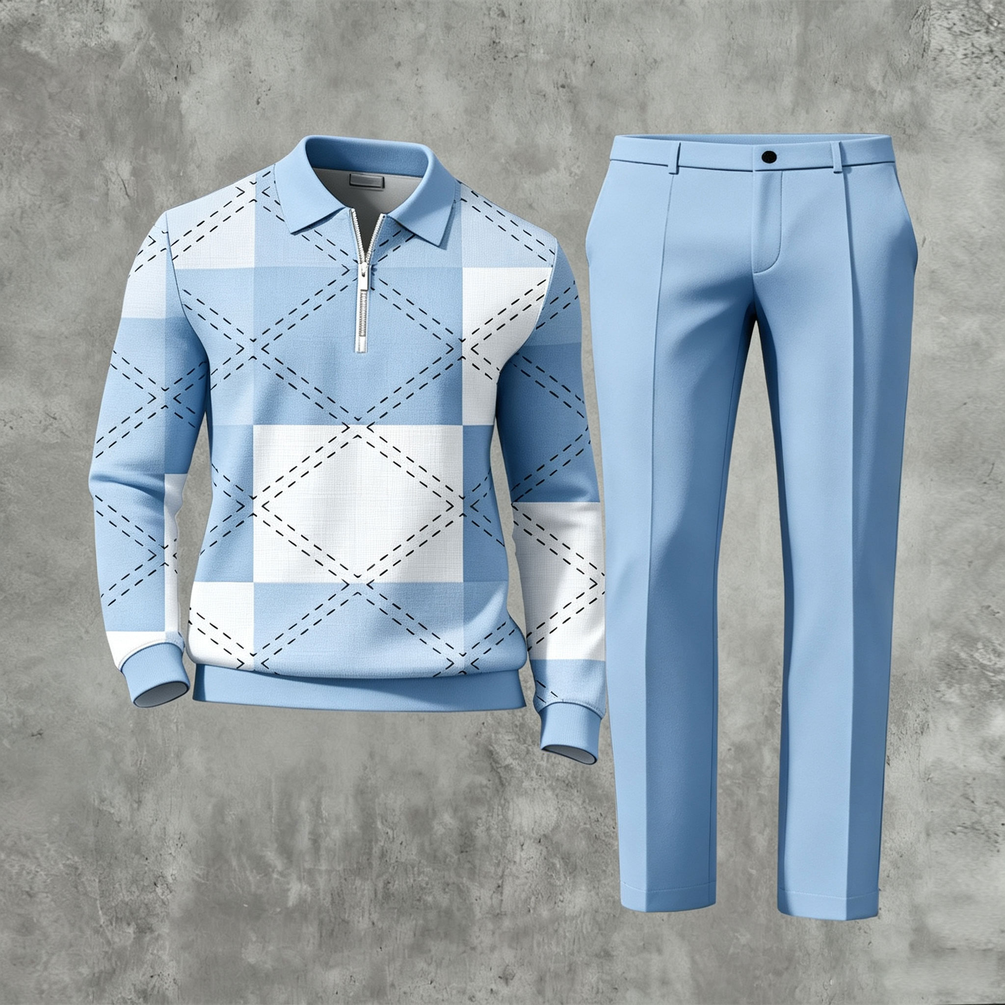 Men's Casual Color Matching Printed Polo-Collar Zipper Long Sleeved Trousers Two-Piece Set 1103