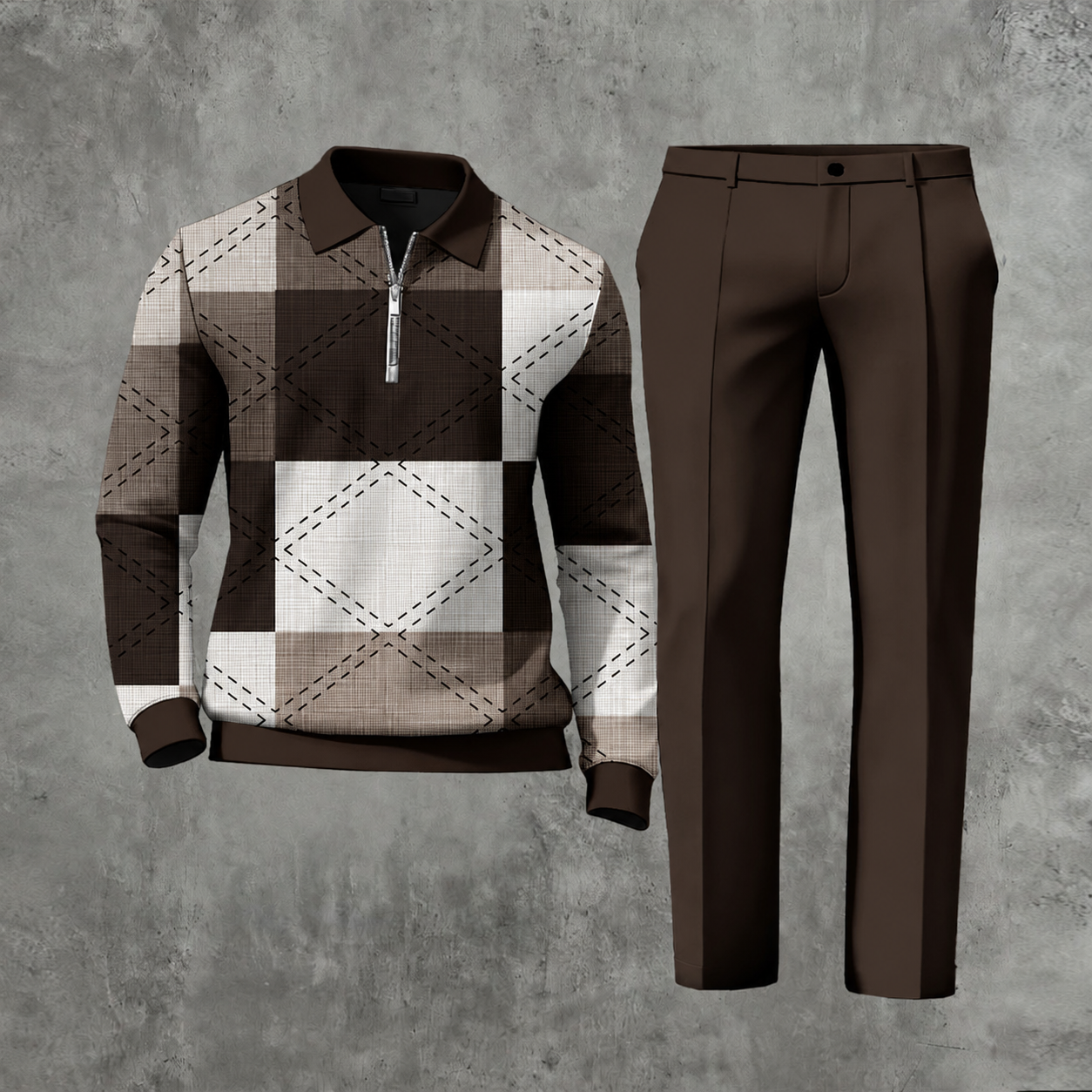 Men's Casual Color Matching Printed Polo-Collar Zipper Long Sleeved Trousers Two-Piece Set 1103