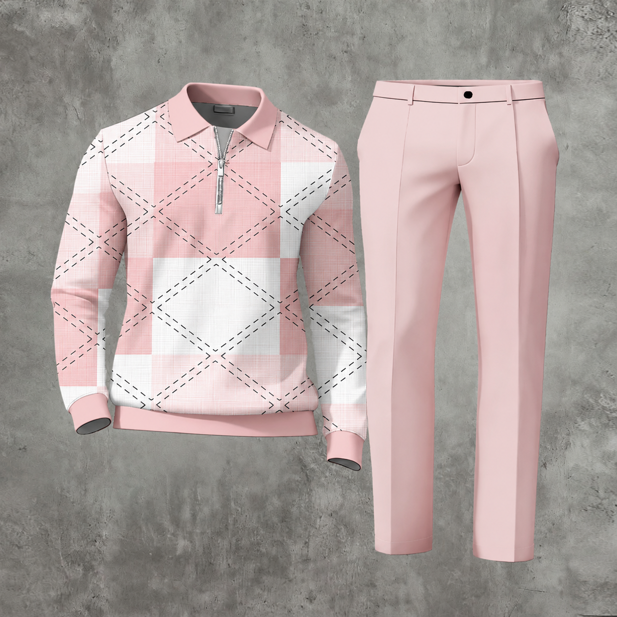 Men's Casual Color Matching Printed Polo-Collar Zipper Long Sleeved Trousers Two-Piece Set 1103