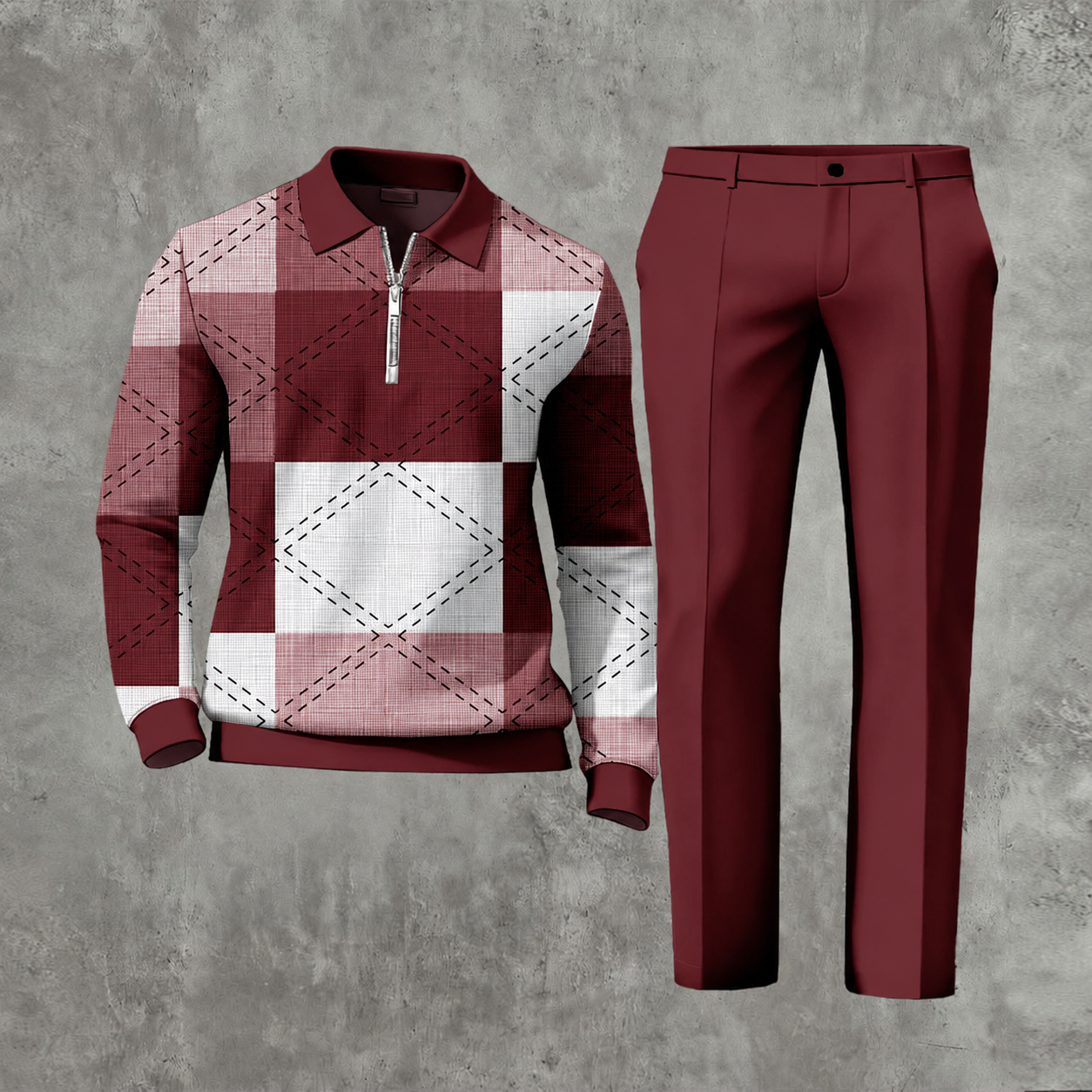 Men's Casual Color Matching Printed Polo-Collar Zipper Long Sleeved Trousers Two-Piece Set 1103