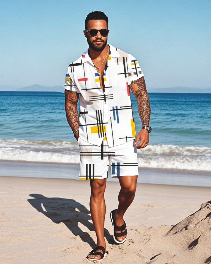 Men's Fashion Casual Lapel Collar Geometric Printed Short-Sleeved Two-Piece Set