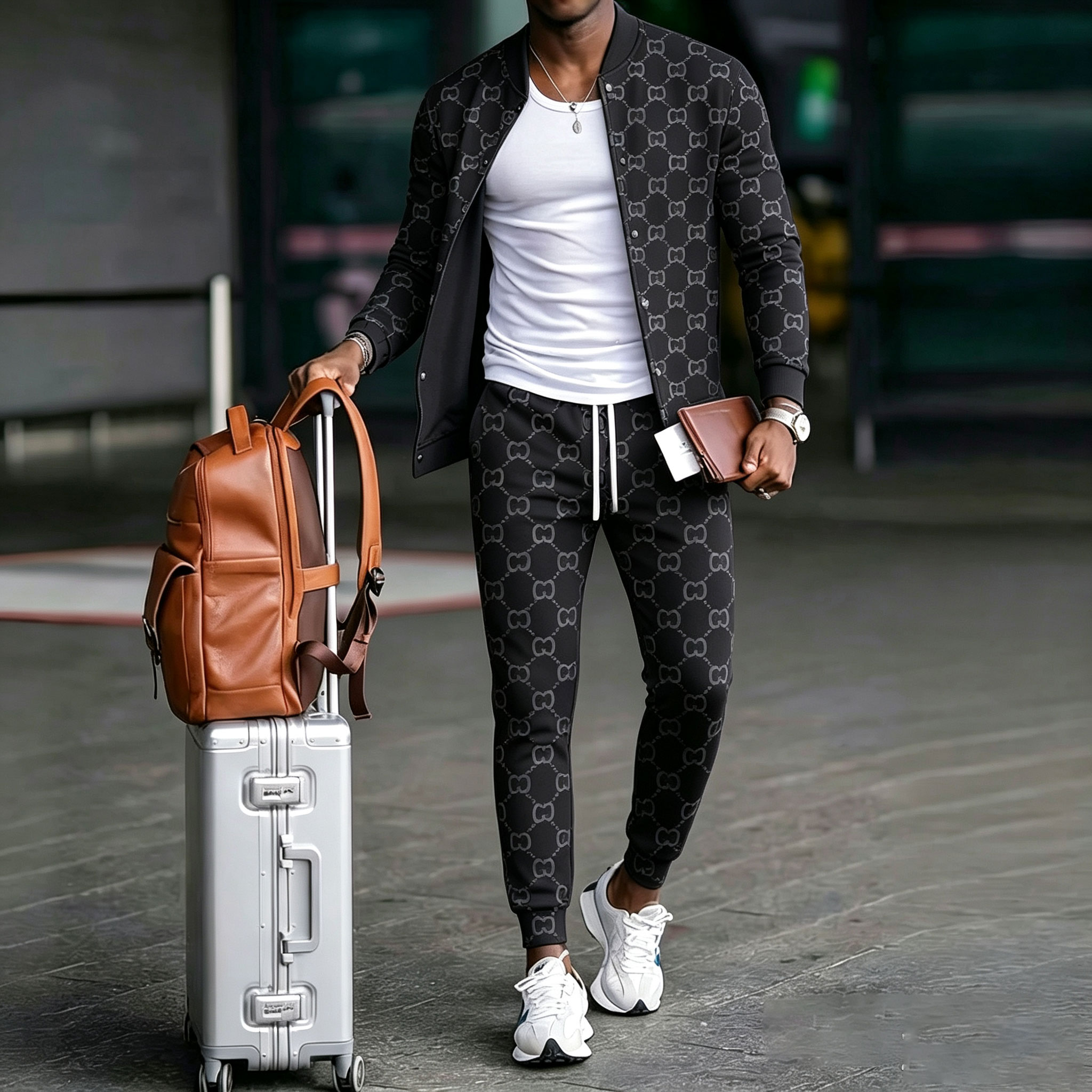 Men's Casual Color Matching Printed Round Neck Long Sleeved Jacket & Trousers Two-Piece Set