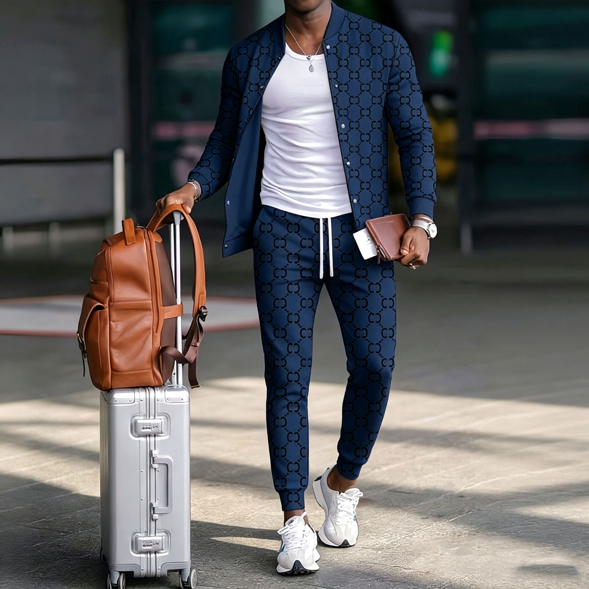 Men's Casual Color Matching Printed Round Neck Long Sleeved Jacket & Trousers Two-Piece Set