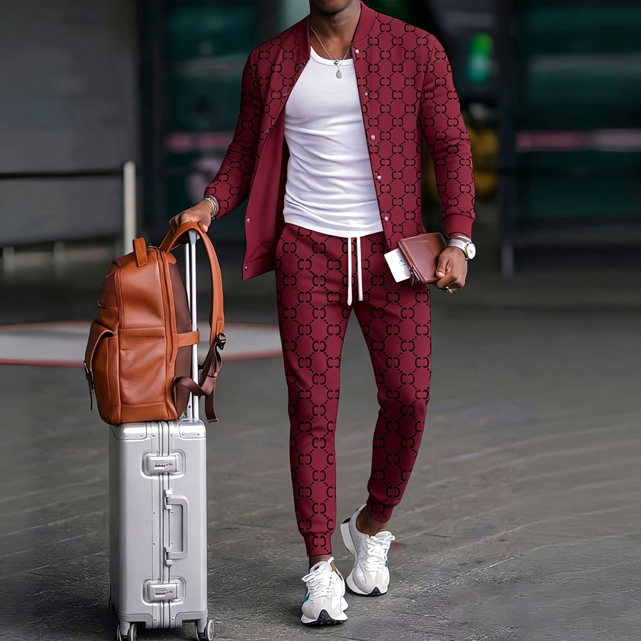Men's Casual Color Matching Printed Round Neck Long Sleeved Jacket & Trousers Two-Piece Set