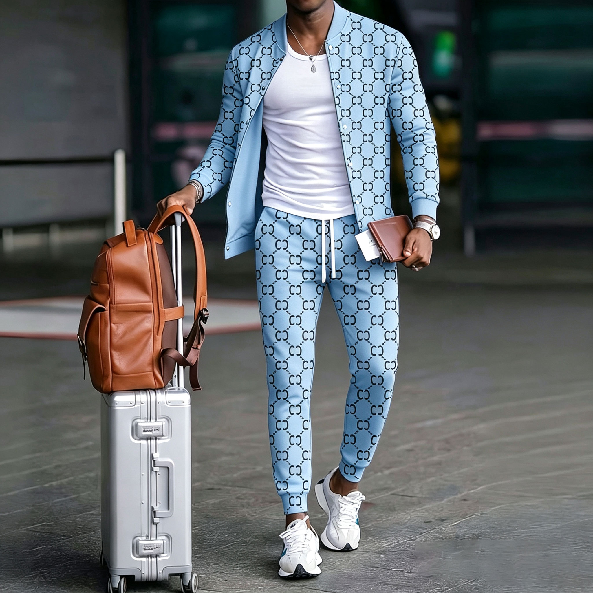 Men's Casual Color Matching Printed Round Neck Long Sleeved Jacket & Trousers Two-Piece Set
