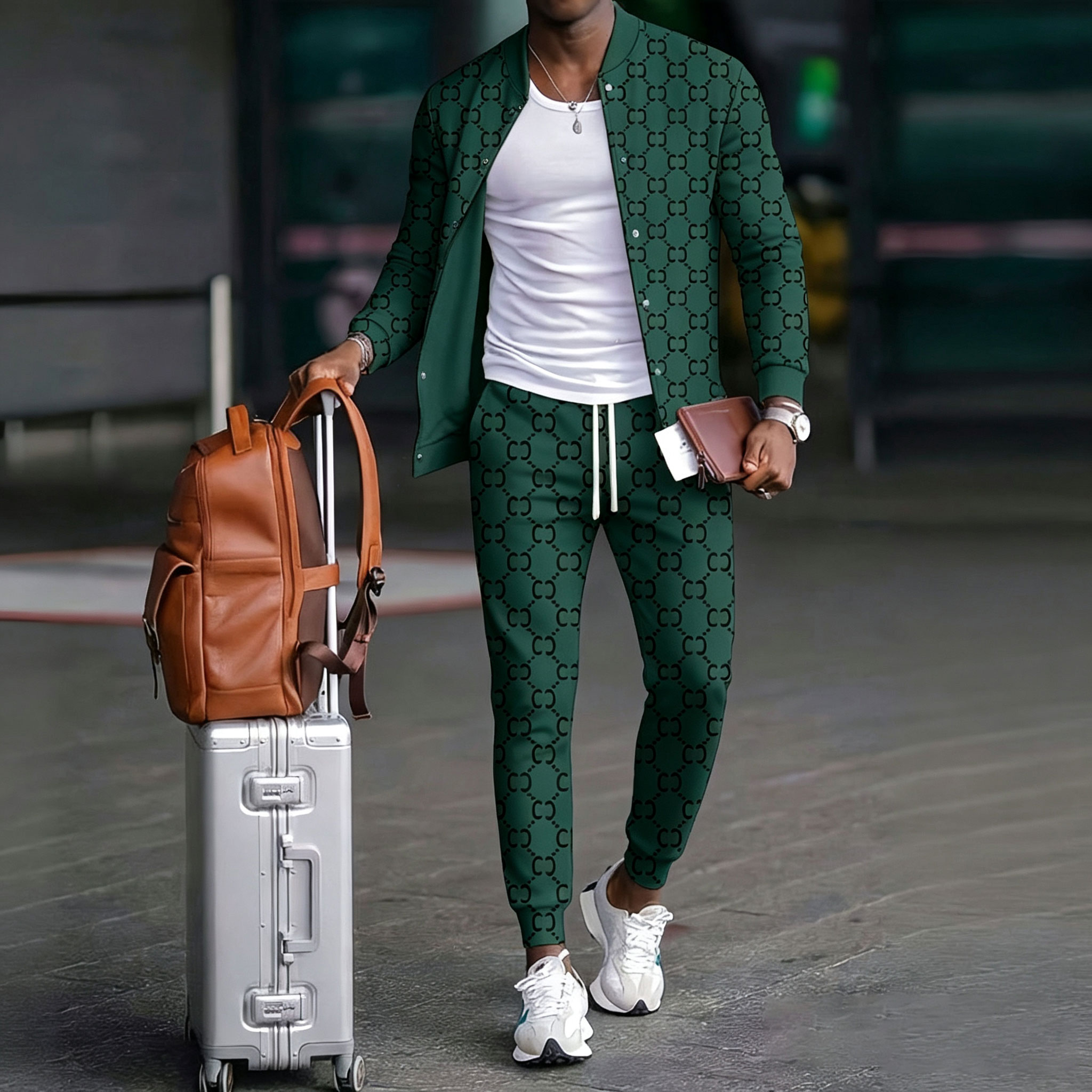 Men's Casual Color Matching Printed Round Neck Long Sleeved Jacket & Trousers Two-Piece Set