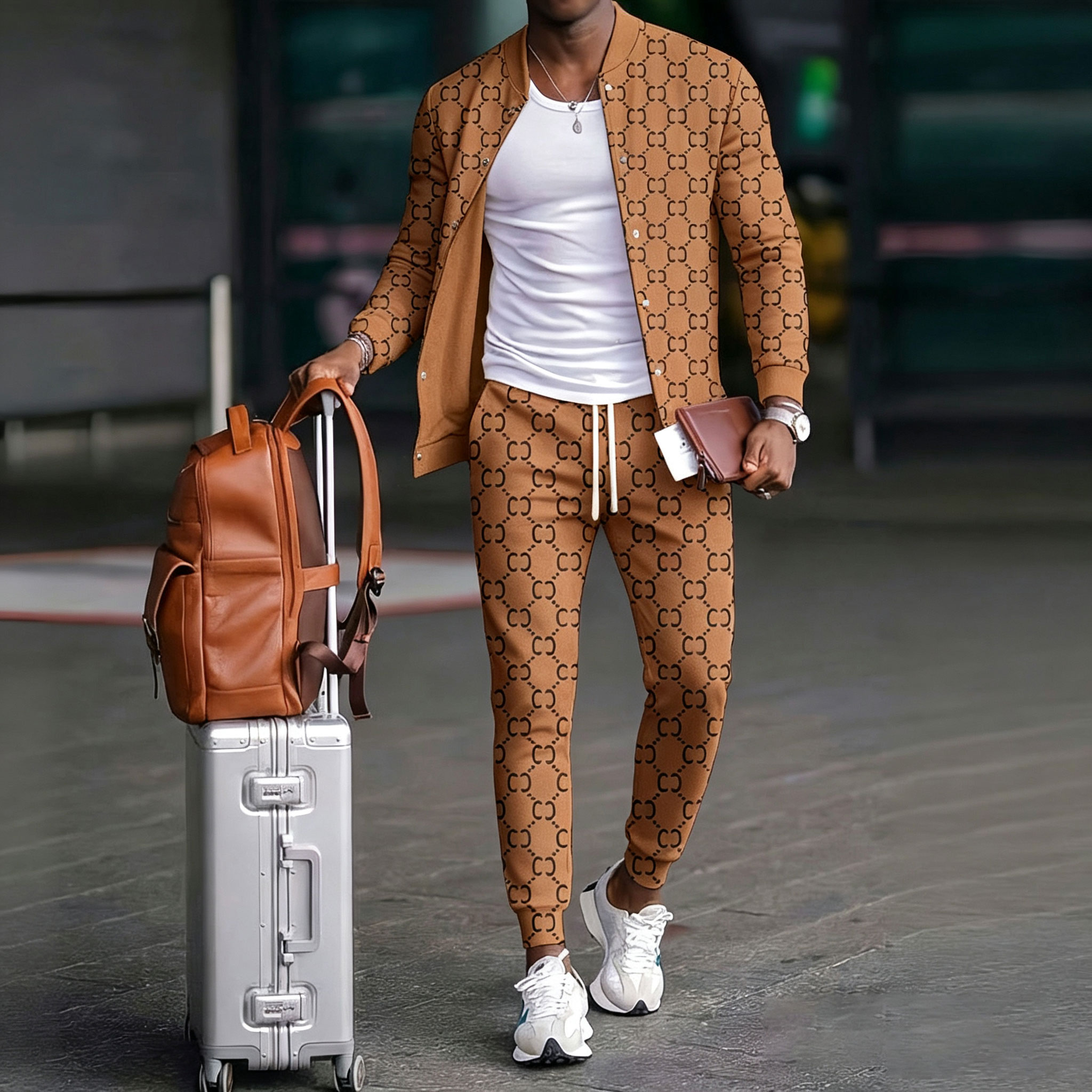 Men's Casual Color Matching Printed Round Neck Long Sleeved Jacket & Trousers Two-Piece Set