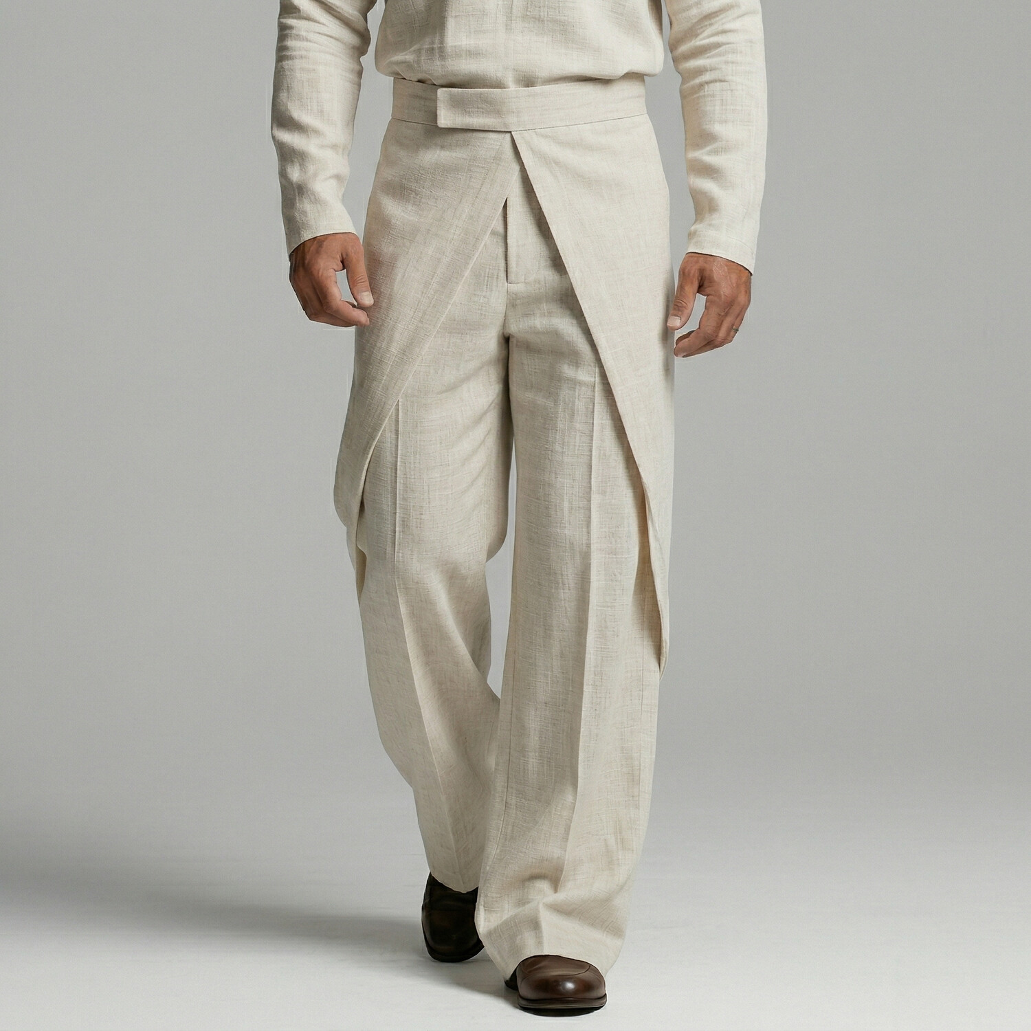 Slanting Pocket Men's Beige Slant Pocket Mid Rise Layered Wrap Linen Casual Pants ...