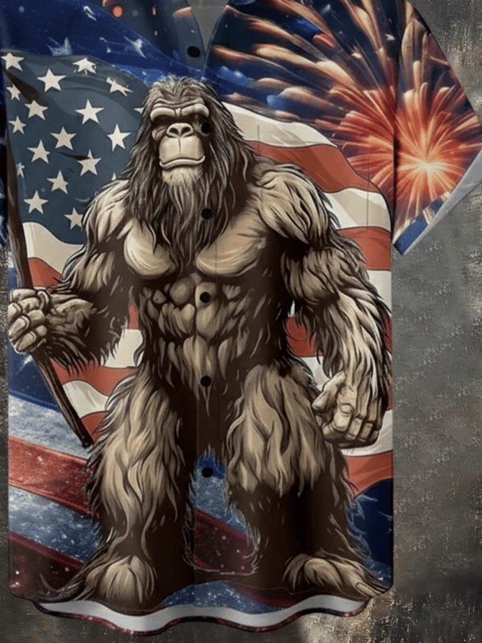 4th of July Men's Western Cowboy Vintage Short Sleeve Shirt - Patriotic Pattern Casual American Style