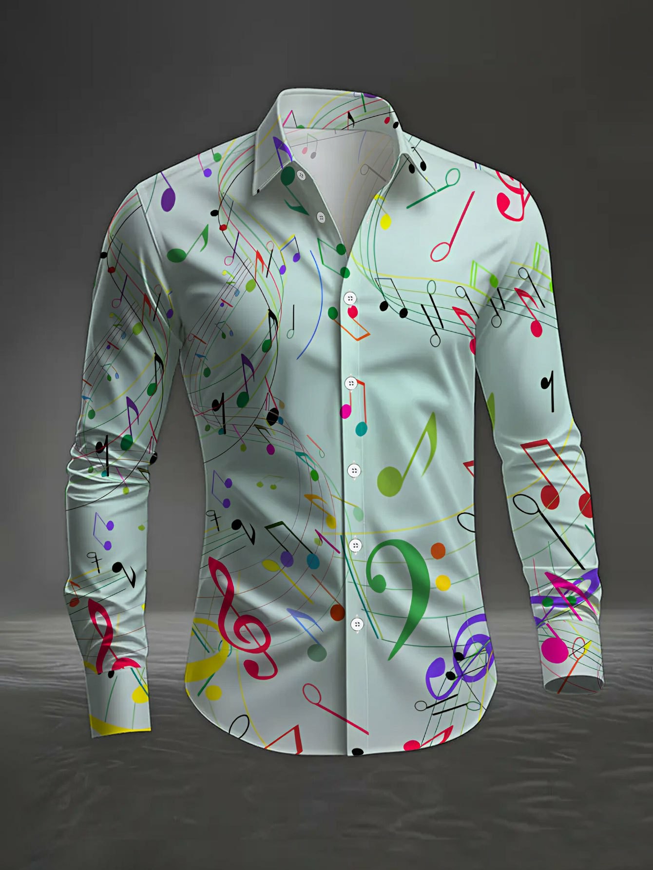 Men's Casual Light Green & Multi Color Music Print Long-Sleeve Shirt