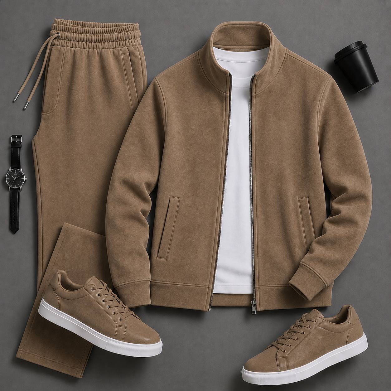 Men's Casual Zip-Up Jacket and Pants  Two Piece Set