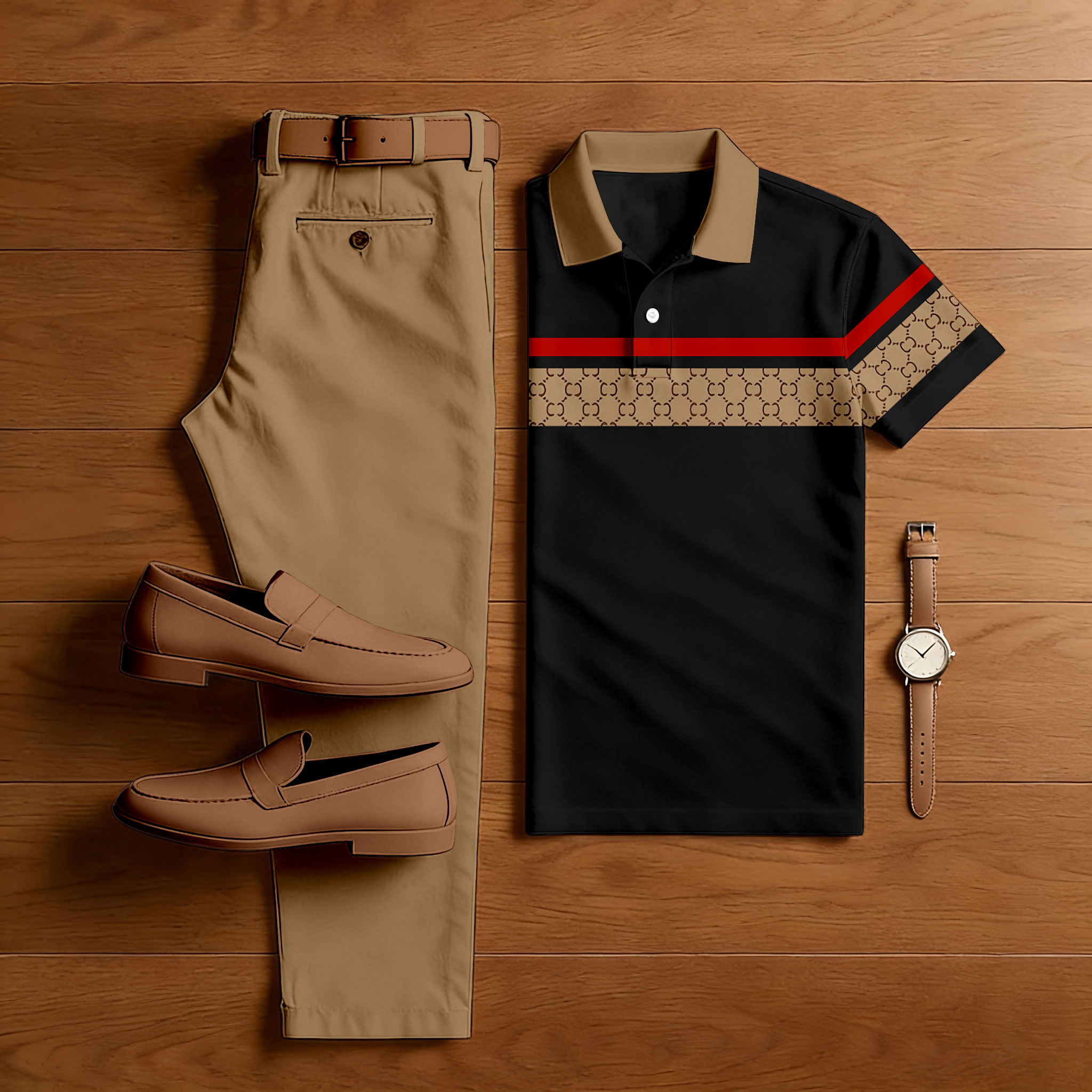 Men's Casual Tan & Black Color Matching VIntage Patchwork Printed Short Sleeved Polo Shirt & Trousers Two-Piece Set