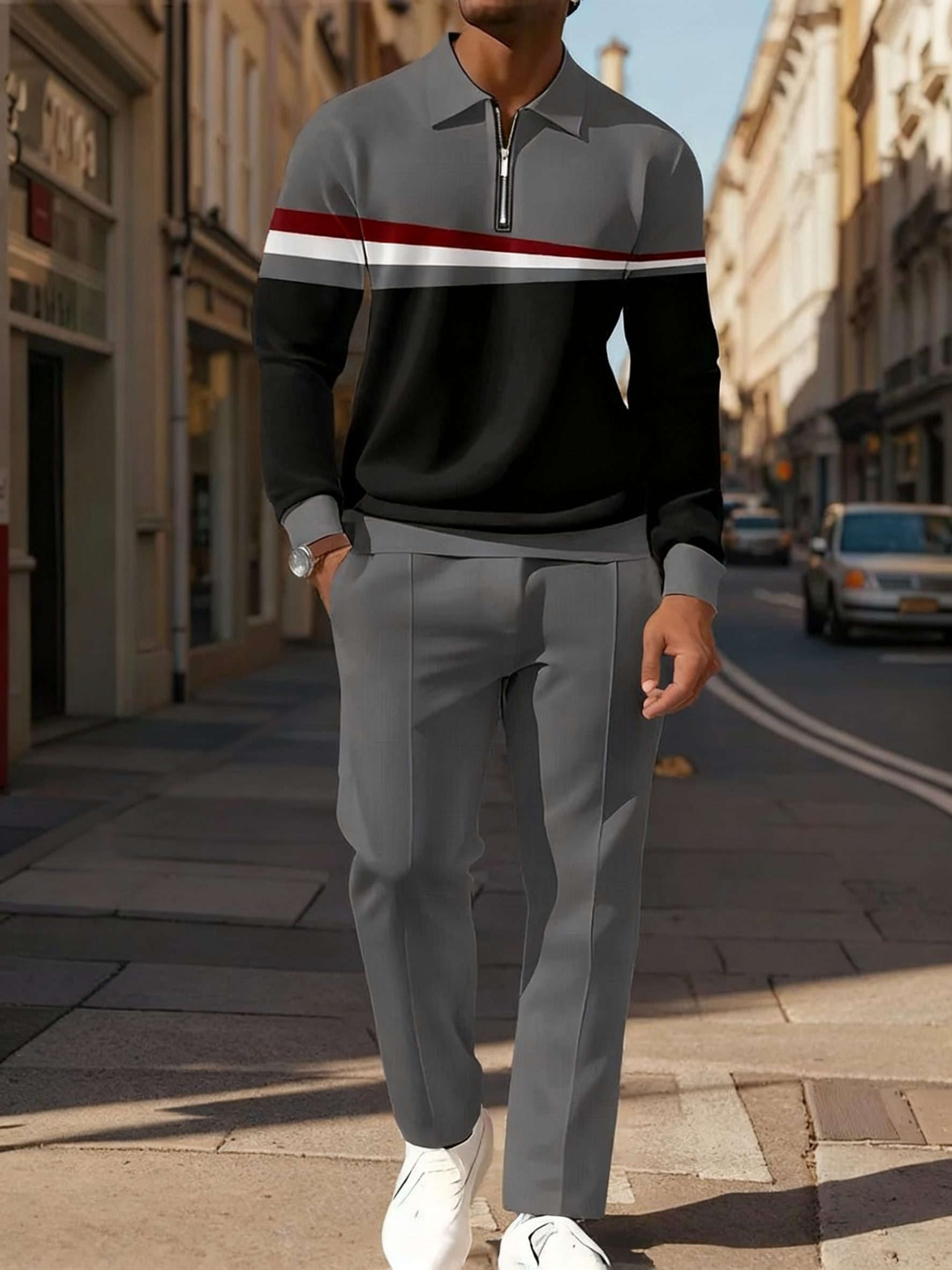 Men's Casual Colorblock Personalized Long Sleeve Polo Shirt Set  0010