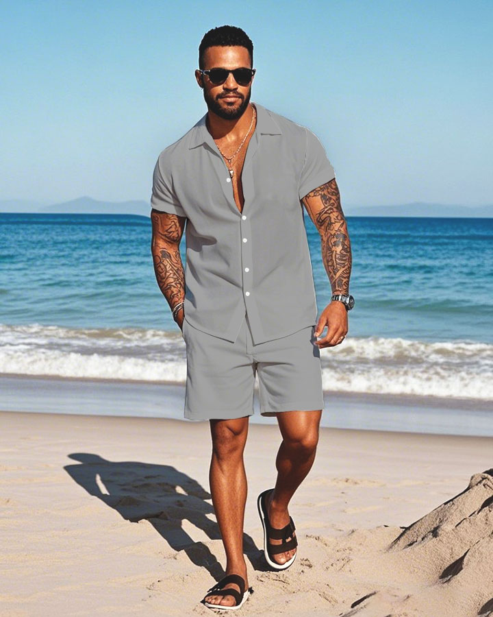 Men's Fashion Casual Lapel Collar Solid Color Short-Sleeved Two-Piece Set