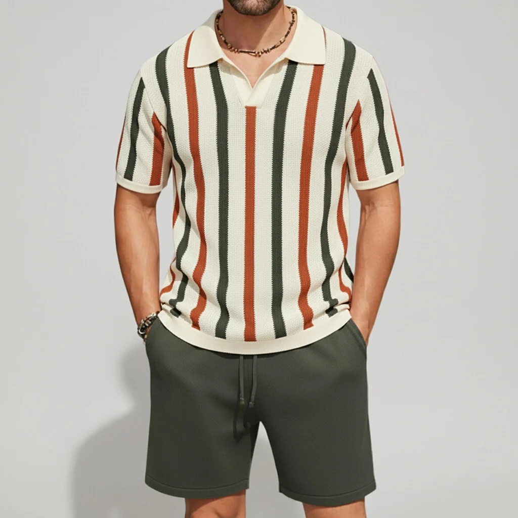 Men's Contrast Striped Short Sleeve Polo Shirt & Drawstring Shorts 2Pcs Set