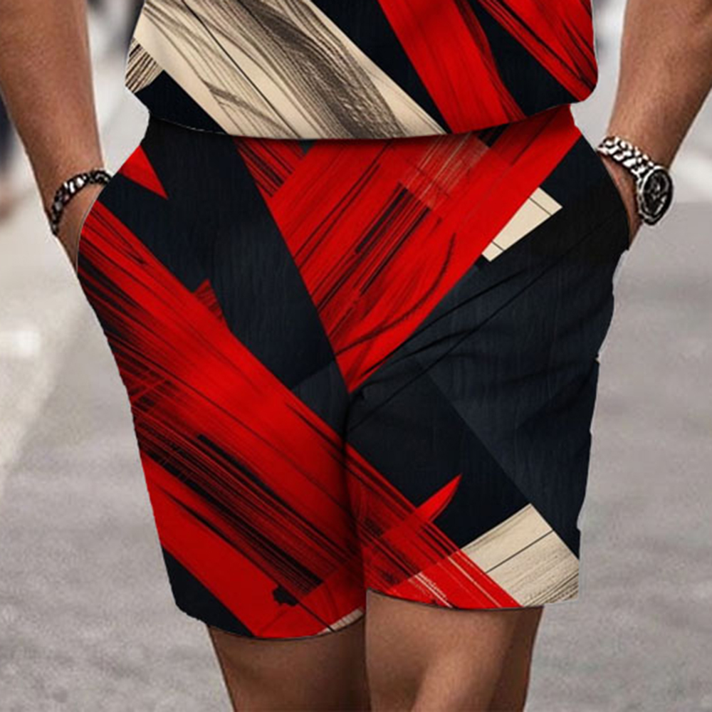 Men's Fashion Casual Round-Neck Geometric Printed Short-Sleeved Two-Piece Set