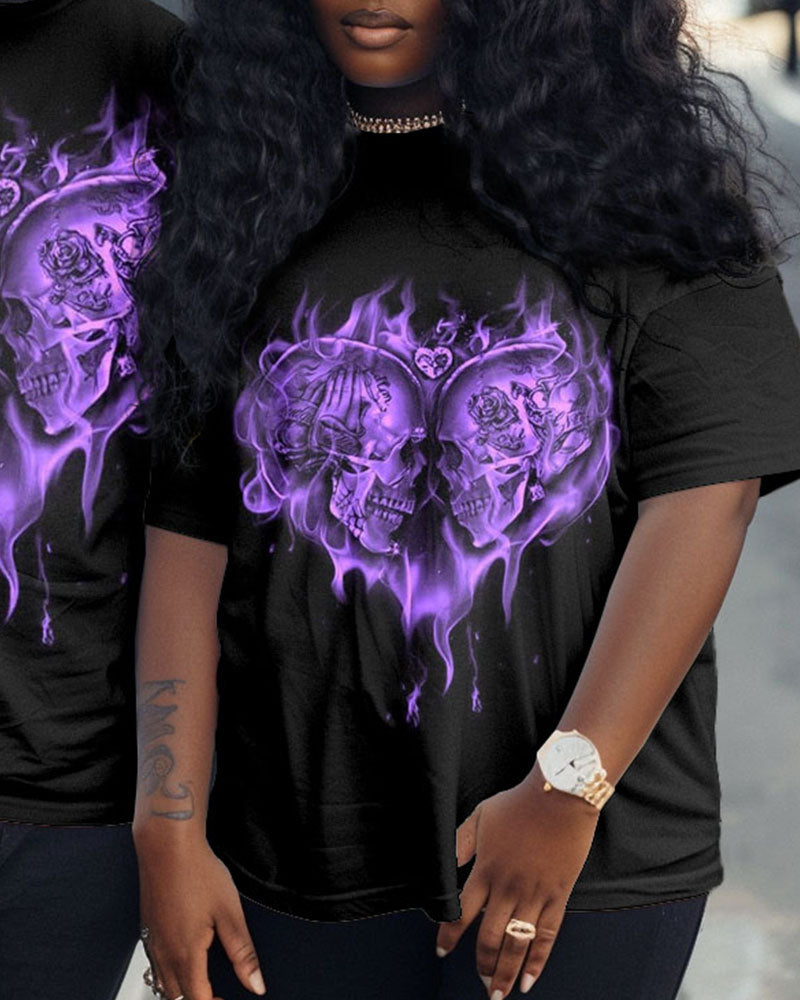 Couple Plus Size Fashion Flame Love Skull Print Round Neck Short Sleeve T-Shirt