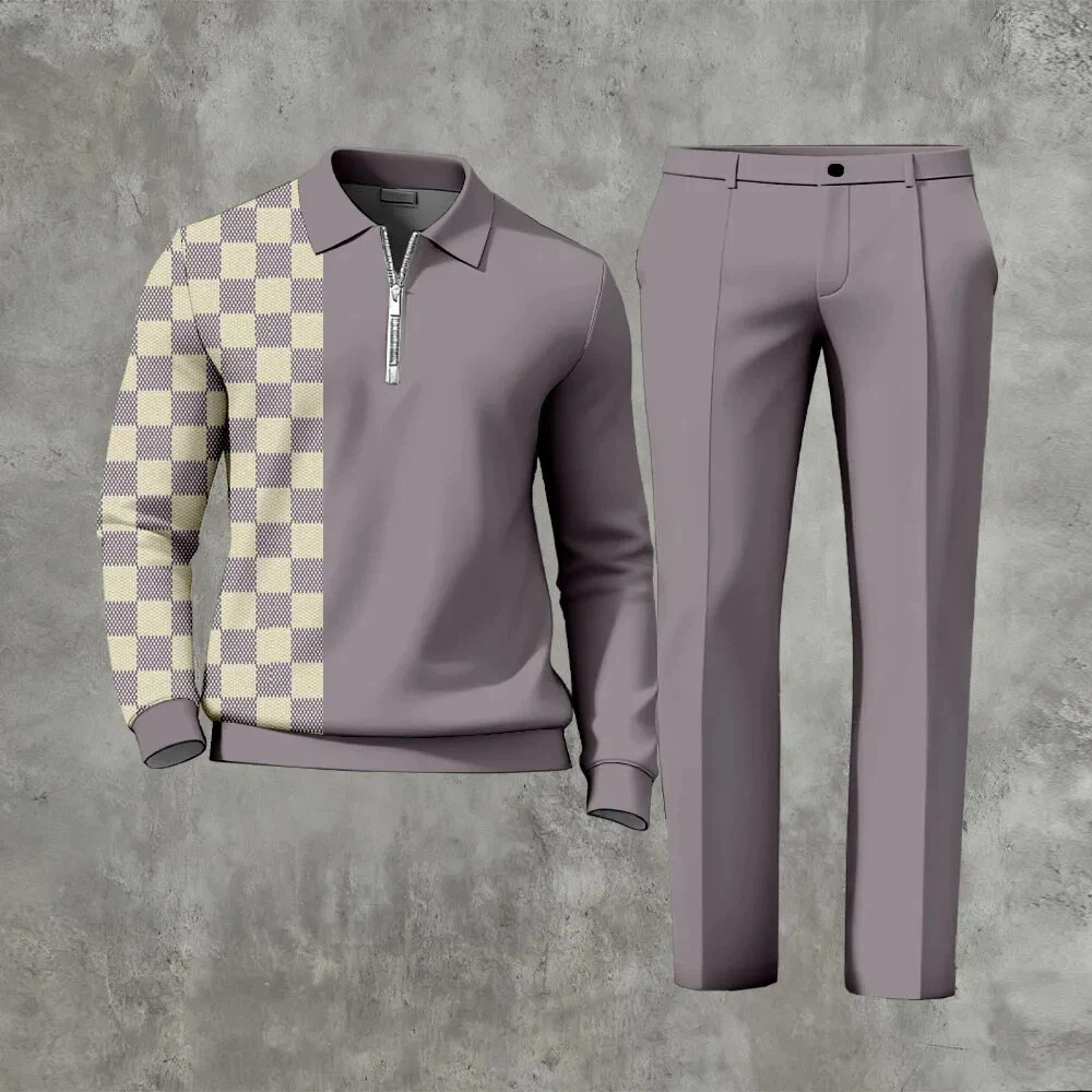 Men's Casual Color Matching Printed Polo-Collar Zipper Long Sleeved Trousers Two-Piece Set 1020