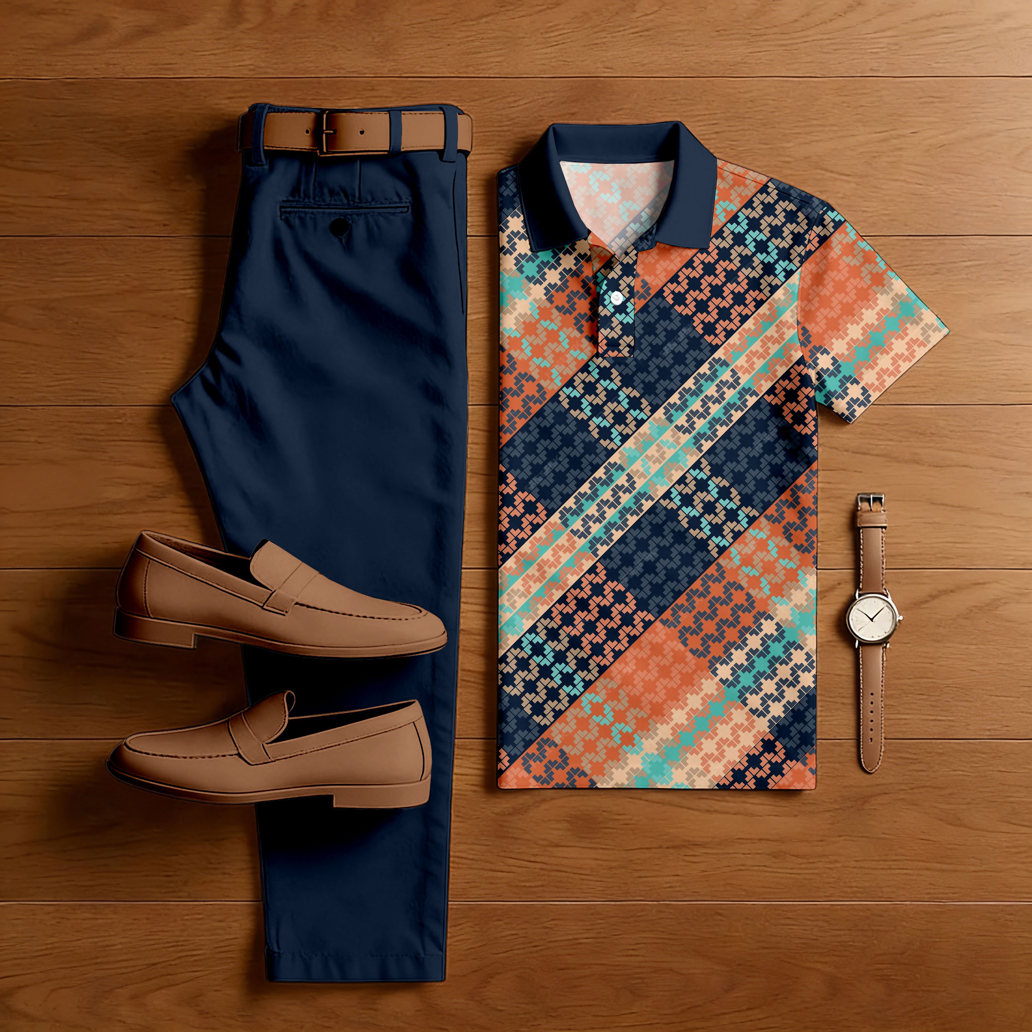 Men's Casual Navy Blue & Multi Color Matching Checkered Printed Short Sleeved Polo Shirt & Trousers Two-Piece Set