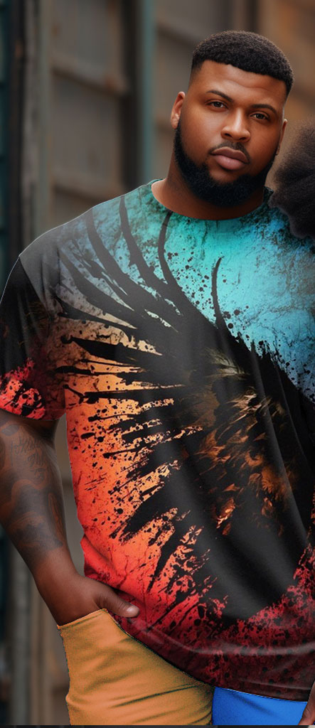 Couple Large Size Splash-Ink Wings Round Neck Short-Sleeved T-Shirt