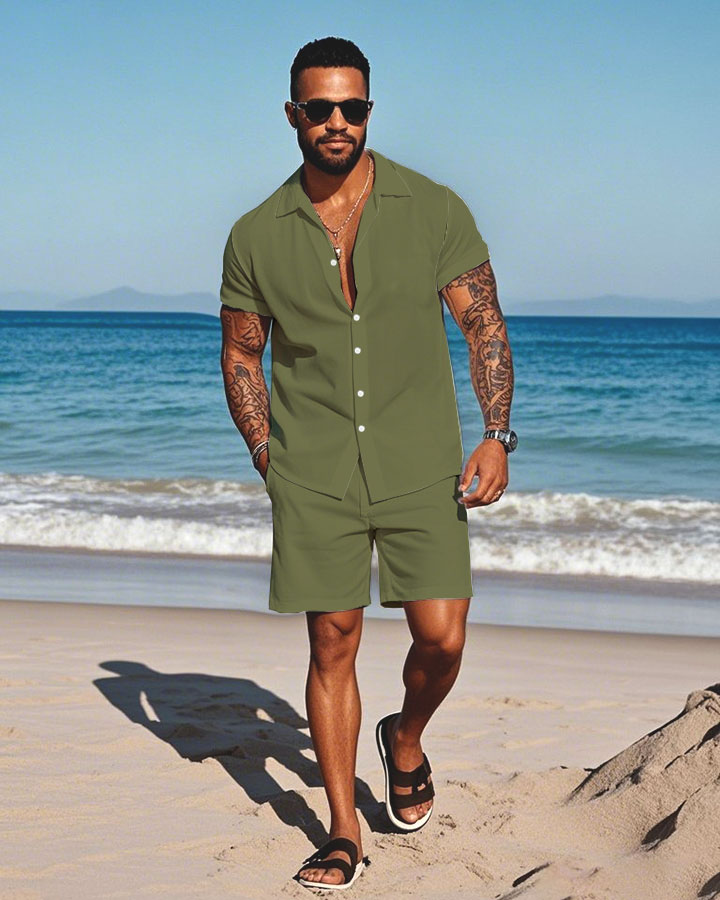 Men's Fashion Casual Lapel Collar Solid Color Short-Sleeved Two-Piece Set