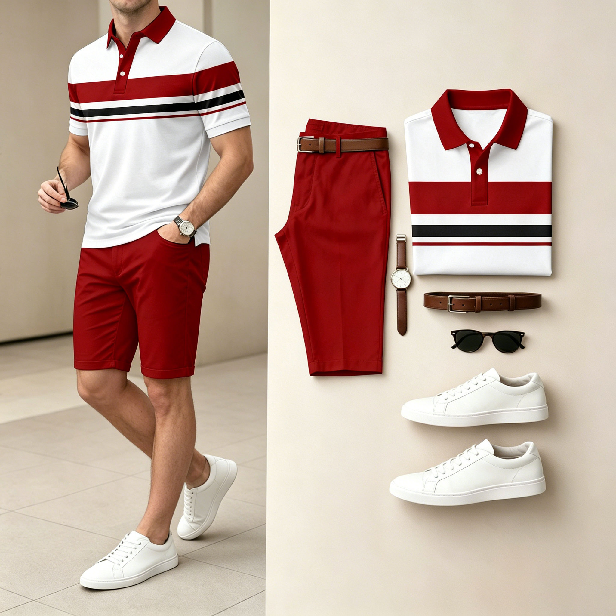 Men's Casual Red and white Color Splicing Stripes Polo Shirt & Shorts Two-Piece Set206407