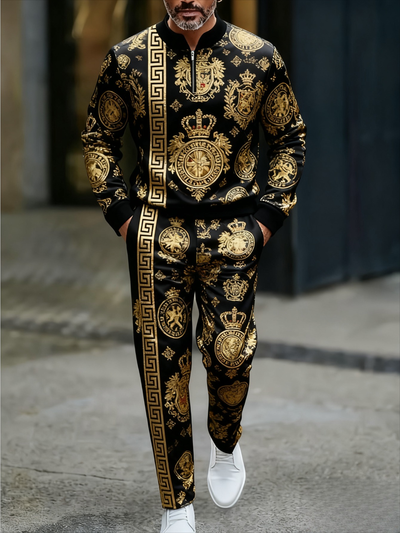 Men's Casual Gold & Black Color Matching Printed Round-Neck Zipper Long Sleeved Trousers Two-Piece Set