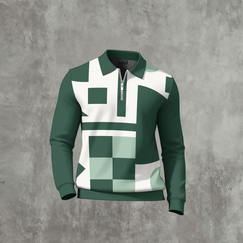 Men's Casual Color Matching Printed Polo-Collar Zipper Long Sleeved Shirt