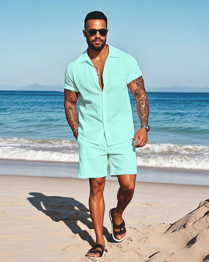 Men's Fashion Casual Lapel Collar Solid Color Short-Sleeved Two-Piece Set