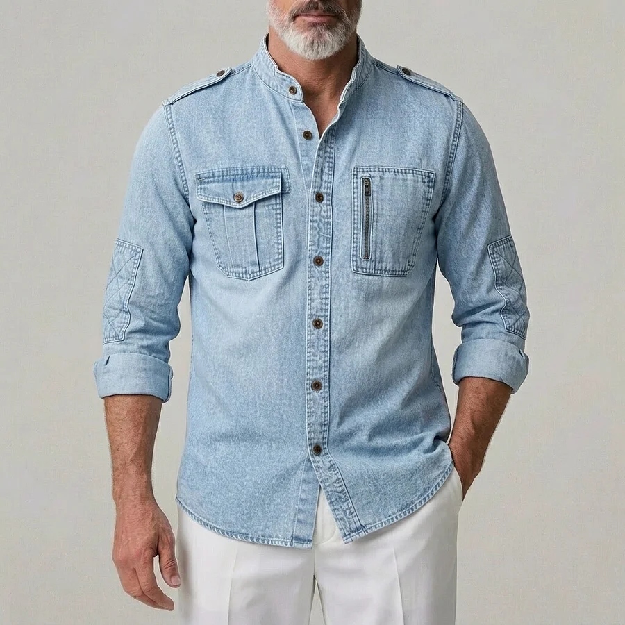 Men's Casual Solid Buttons Utility Pockets Stand Collar Light Blue Long Sleeve Shirt