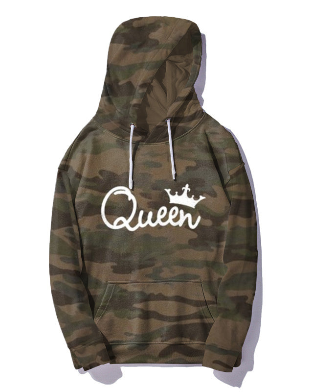 Couple Big and Tall Casual Outfit Camouflage Graffiti King Queen Hoodie Set