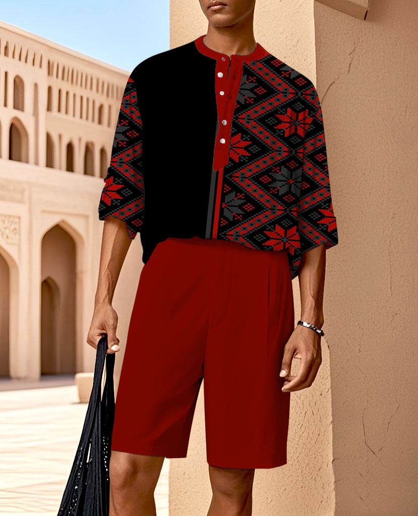 Business Casual Loose Short Sleeve Henley Collar Shirt And Elastic Waist Straight Leg Shorts Set