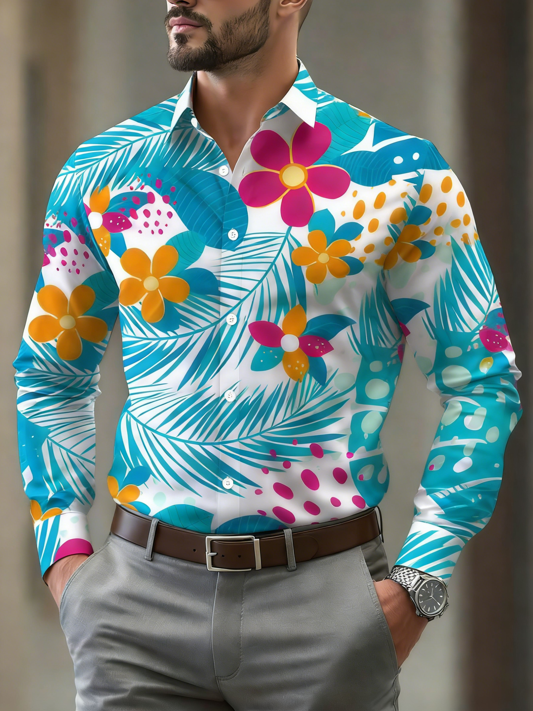 Men's Hawaii Lake Blue & White Color Matching Flower Print Long-Sleeve Shirt