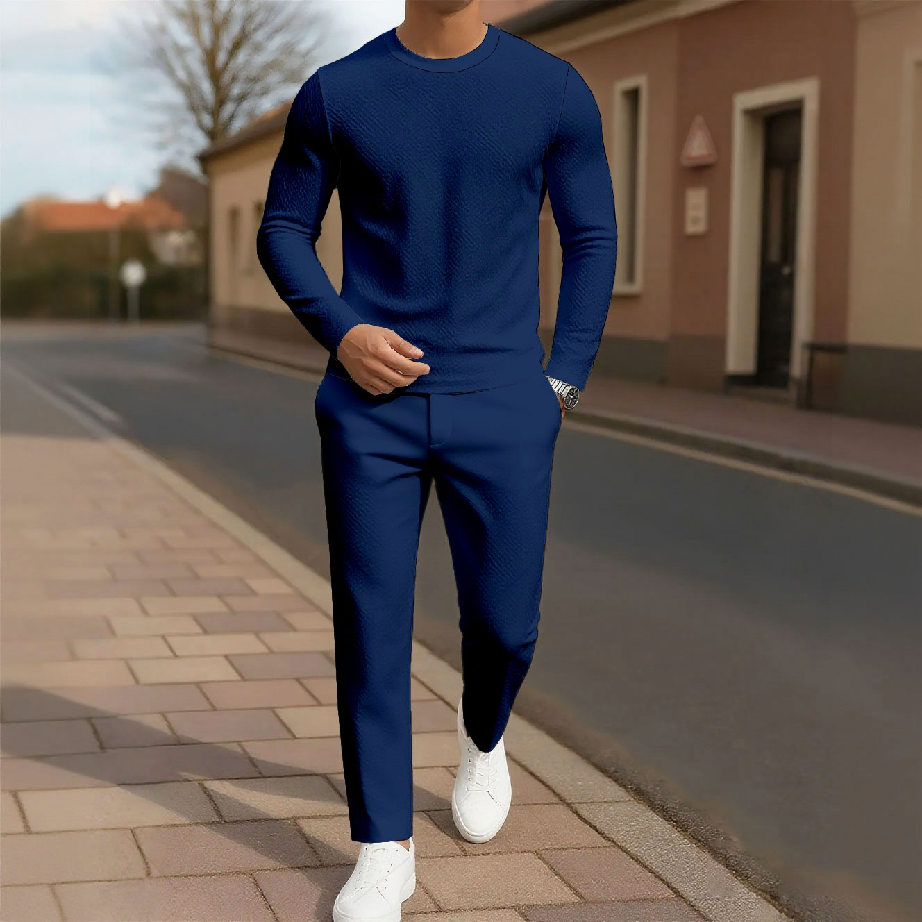 Men's Solid Color Round Neck Long Sleeved Trousers Two-Piece Set