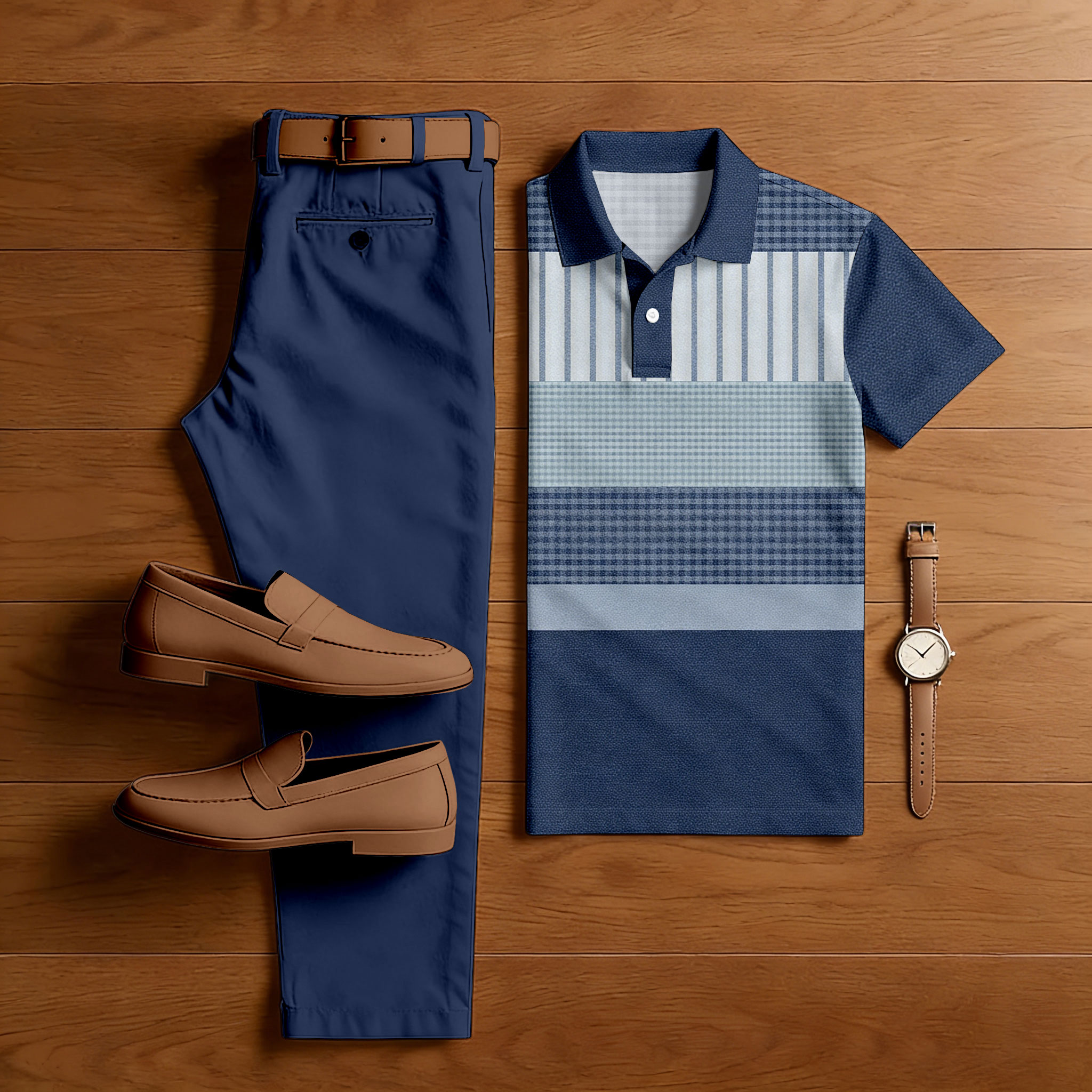 Men's Casual Navy Blue Color Matching Checkered Printed Short Sleeved Polo Shirt & Trousers Two-Piece Set