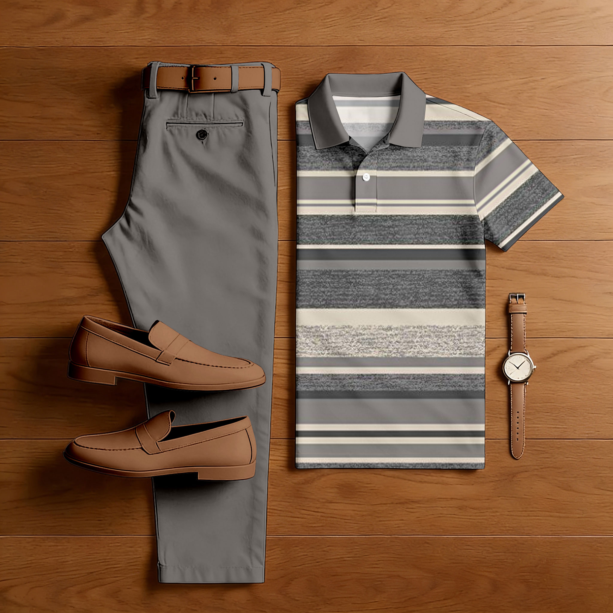 Men's Casual Coffee & Gray Color Matching Striped Printed Short Sleeved Polo Shirt & Trousers Two-Piece Set