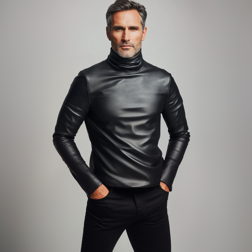Men's Solid High Neck Long Sleeve PU Leather Base Shirt