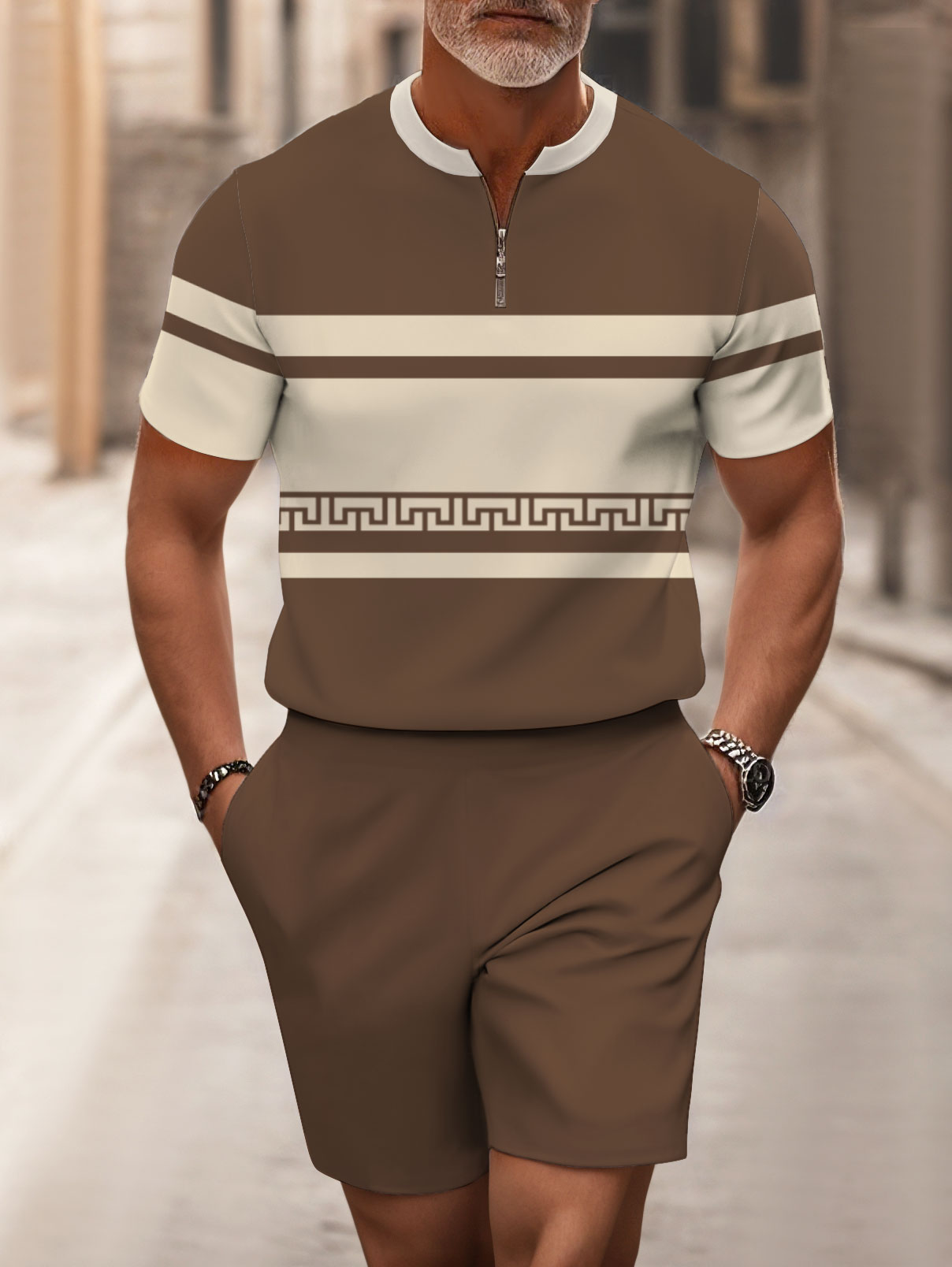 Men's fashion casual round-neck zipper geometric printed short-sleeved two-piece set 2504000136