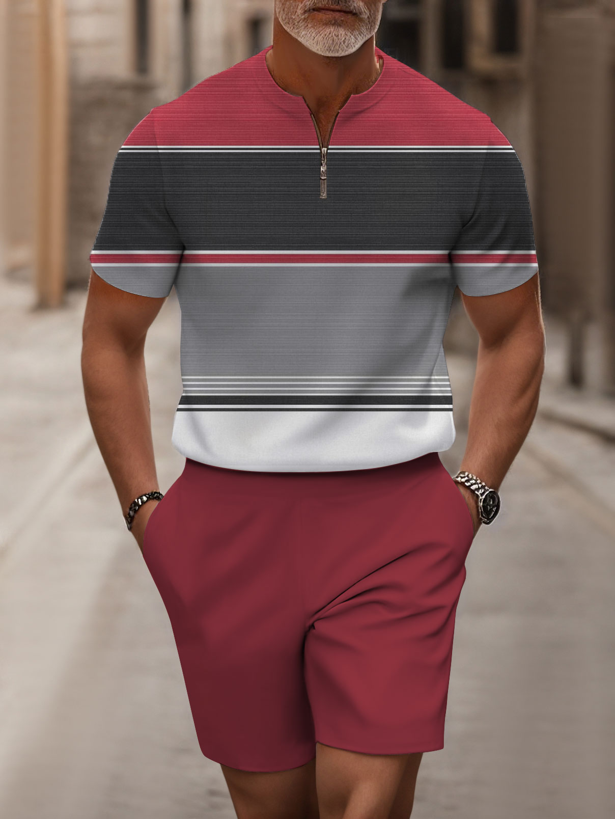 Men's fashion casual round-neck zipper geometric printed short-sleeved two-piece set