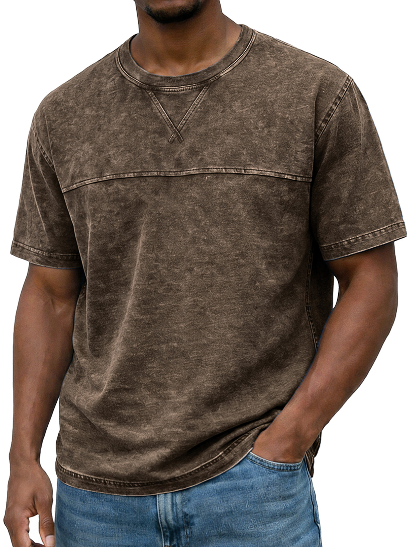 Men's Vintage Round Neck Short-sleeved T-shirt With Contrasting Stitching Design