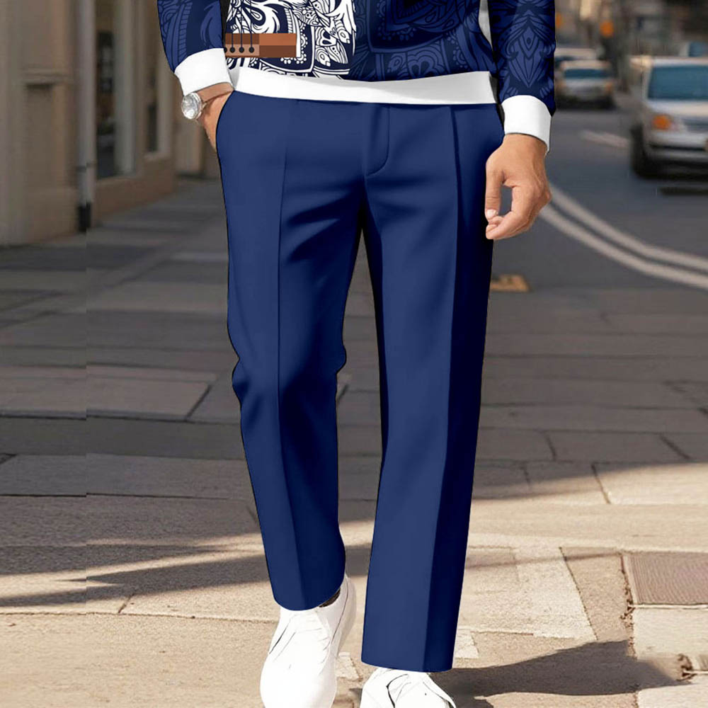 Men's Casual Color Matching Viking Printed Polo-Collar Zipper Long Sleeved Trousers Navy Blue Two-Piece Set